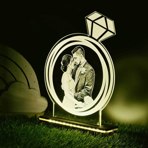 Personalized LED Illusion Lamp Diamond Ring with Wood Light Stand - Image 2